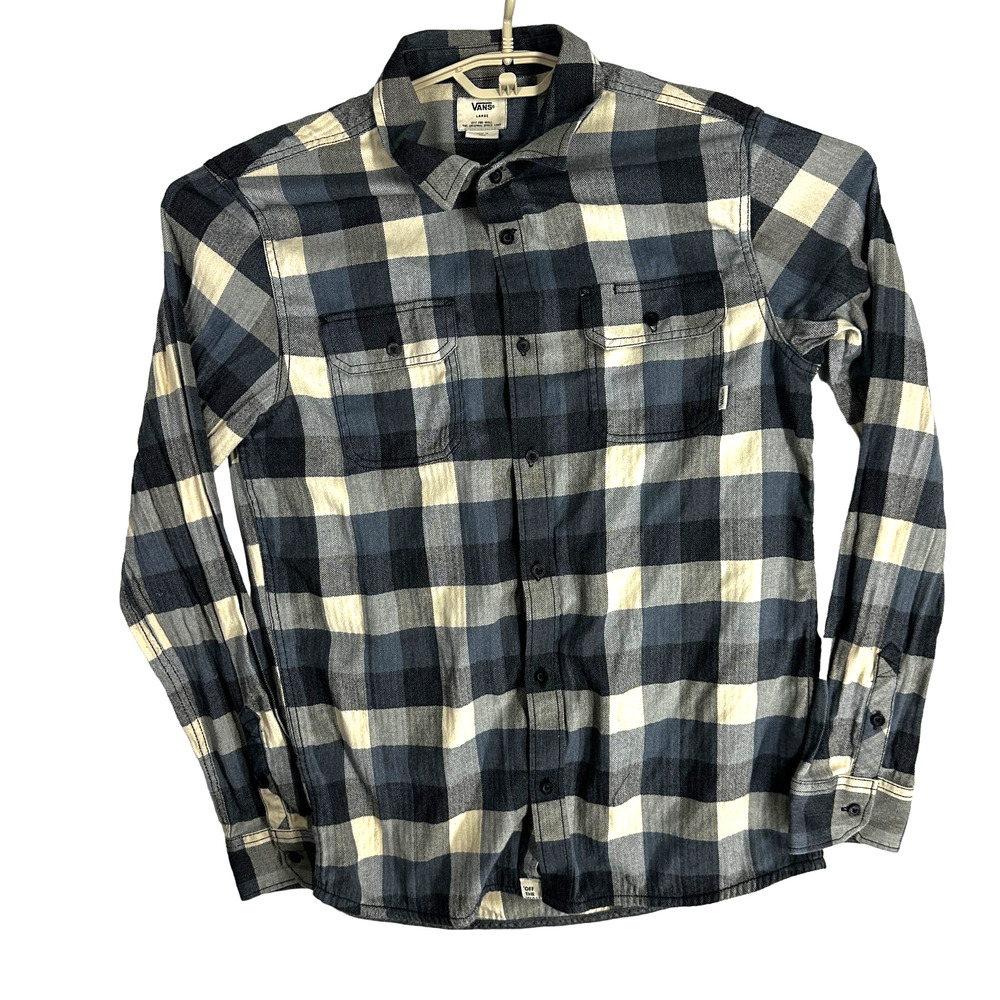 VANS Button Up Shirt Men Size L Blue Beige Gray Plaid Cotton Blend Long Sleeve